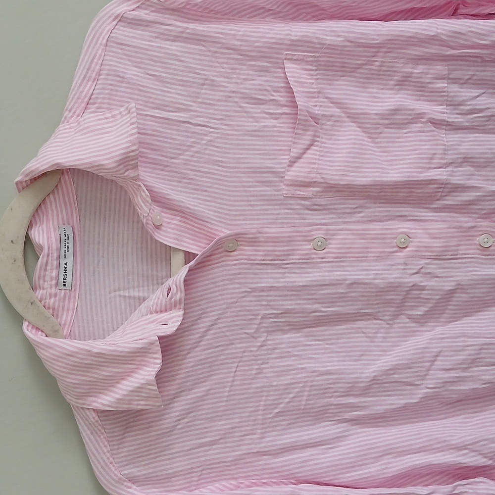 Bershka Women's Light Pink and White Striped Button Up Long Sleeve Shirt Size XS - Picture 2 of 6